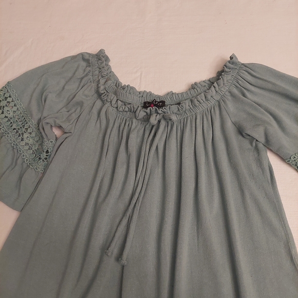 Love By Chesley Seafoam Green Off Shoulder Short Sleeve Mini Dress Boho Size S - Picture 4 of 10